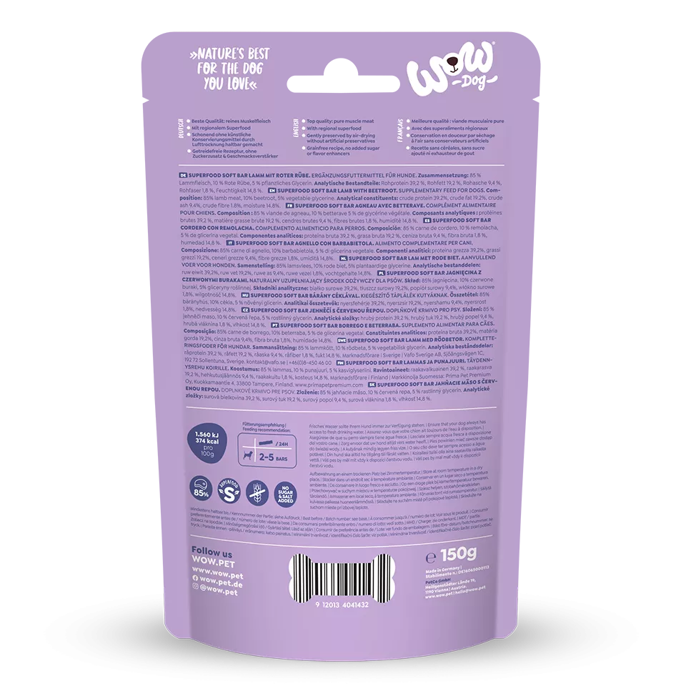 Dos du paquet Wow Soft Bar agneau avec composition et valeurs nutritionnelles