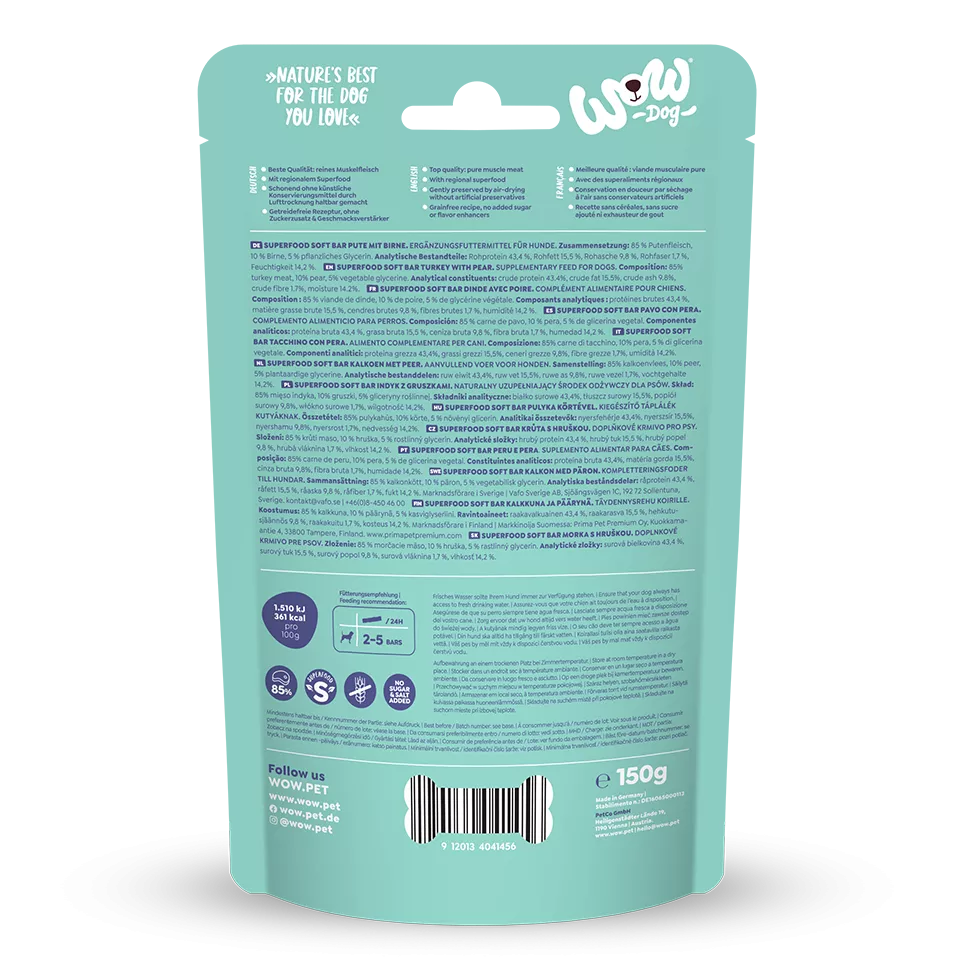 Dos du paquet Wow Soft Bar dinde avec composition et valeurs nutritionnelles