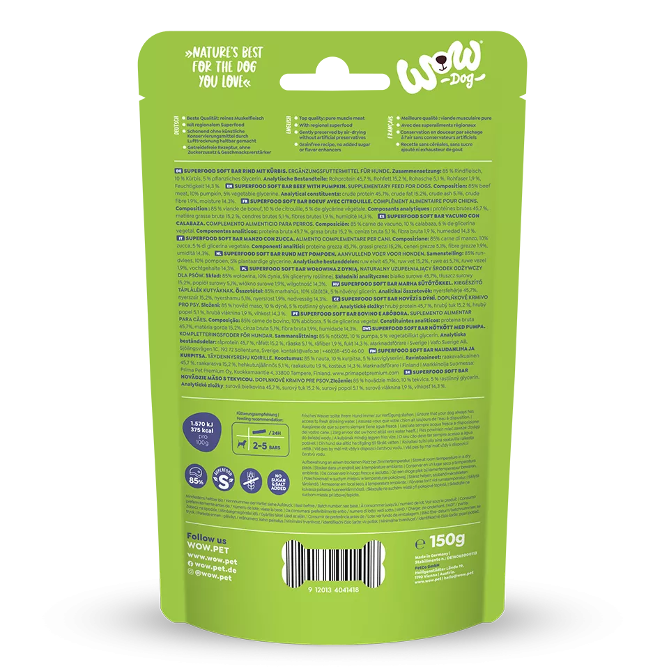 Dos du paquet Wow Soft Bar bœuf avec composition et valeurs nutritionnelles