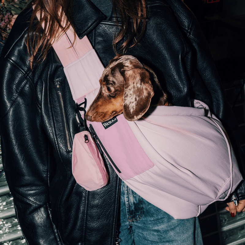 Sac de transport en bandoulière rose pour chien vu de face