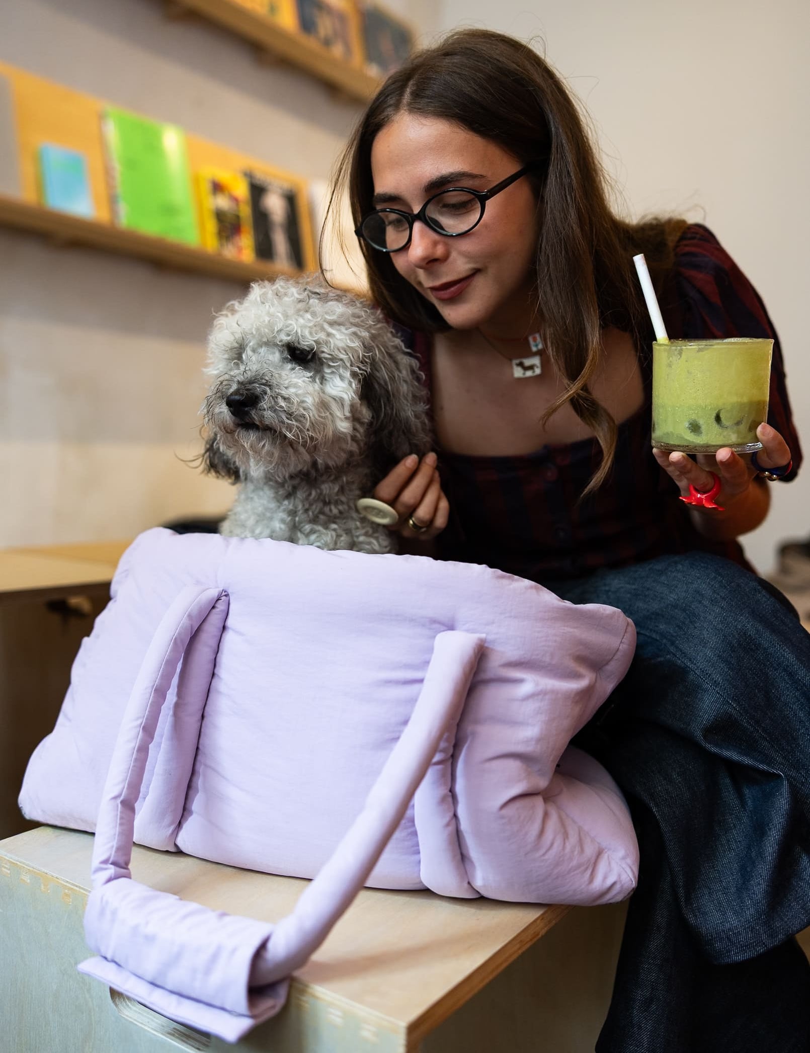 Ouverture frontale du sac de voyage lilas pour chien